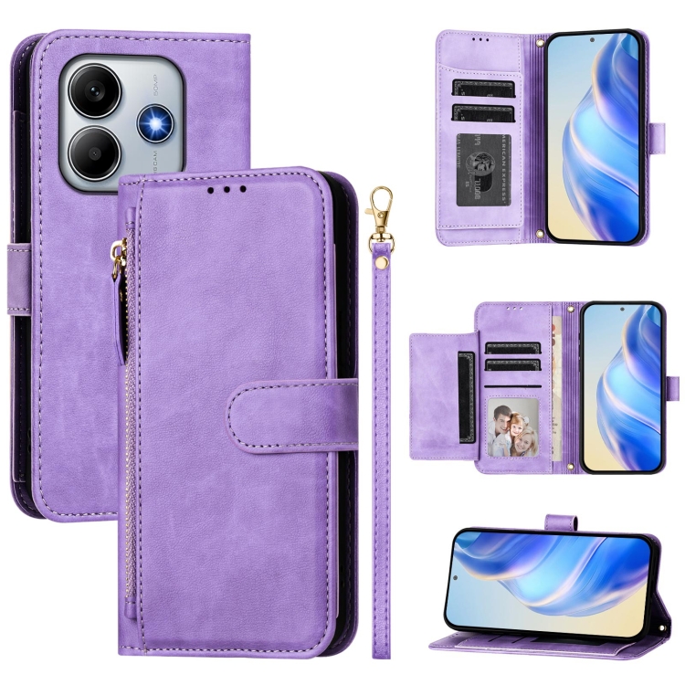 

For Redmi Note 14 5G Multi-Card Slots Zipper Wallet Leather Phone Case(Purple)