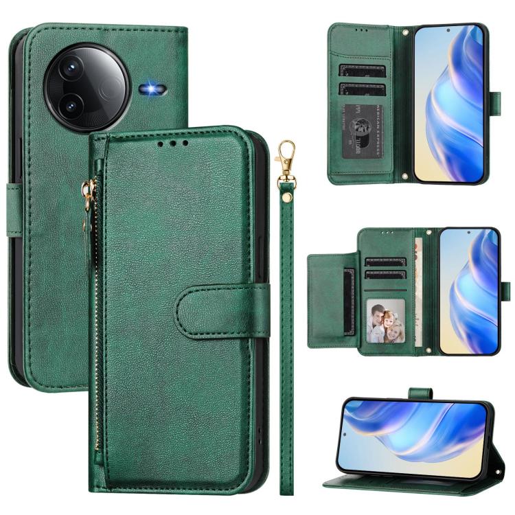 

For Redmi K80 / K80 Pro Multi-Card Slots Zipper Wallet Leather Phone Case(Green)