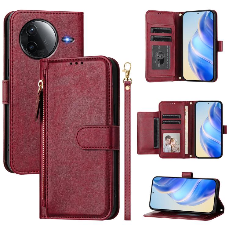 

For Redmi K80 / K80 Pro Multi-Card Slots Zipper Wallet Leather Phone Case(Dark Red)