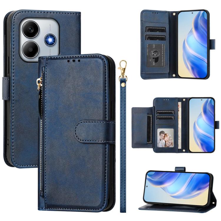 

For Redmi Note 14 4G 163.25mm Multi-Card Slots Zipper Wallet Leather Phone Case(Blue)