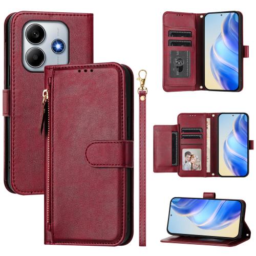 

For Redmi Note 14 4G 163.25mm Multi-Card Slots Zipper Wallet Leather Phone Case(Dark Red)