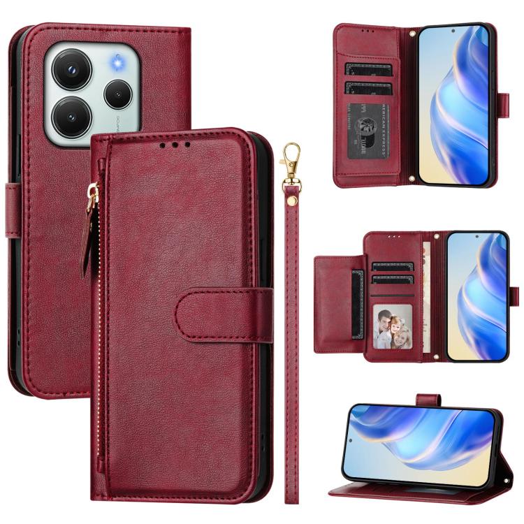 

For Redmi Note 14 4G 164.84mm Multi-Card Slots Zipper Wallet Leather Phone Case(Dark Red)