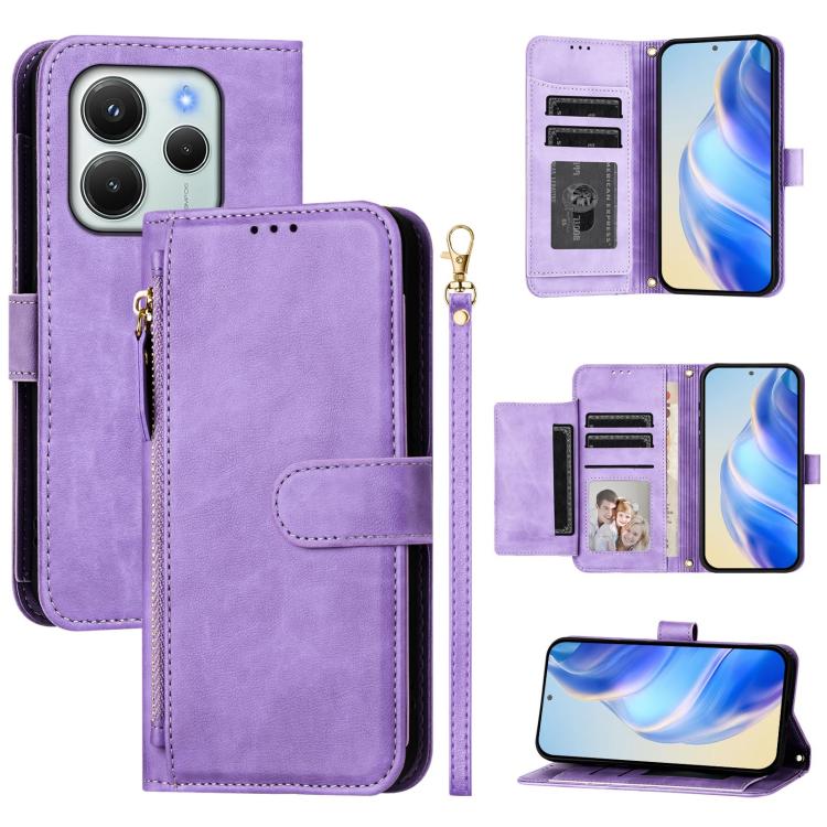 

For Redmi Note 14 4G 164.84mm Multi-Card Slots Zipper Wallet Leather Phone Case(Purple)