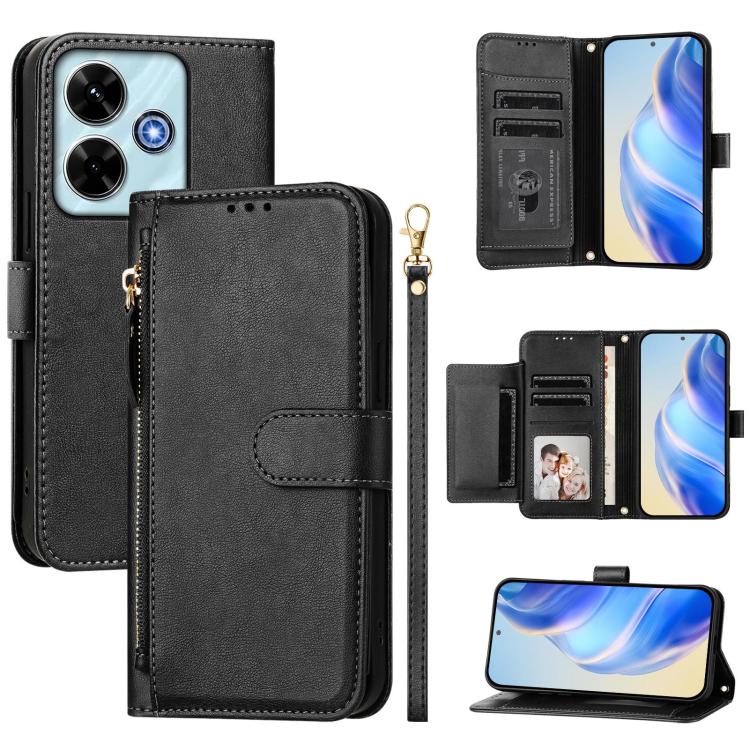 

For Redmi 13 4G / 5G / 13x / Xiaomi Poco M6 4G Multi-Card Slots Zipper Wallet Leather Phone Case(Black)