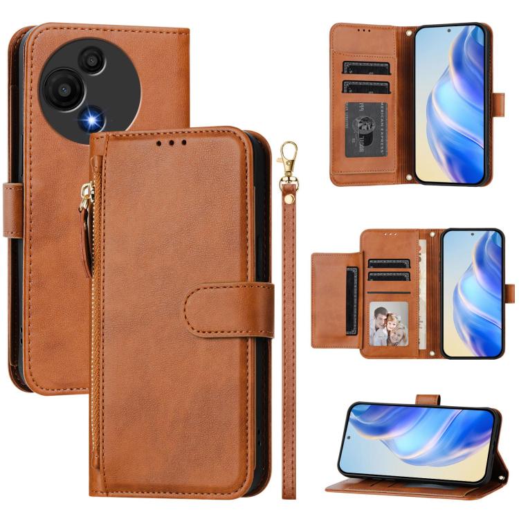 

For TCL 605 / TCL 60 SE Multi-Card Slots Zipper Wallet Leather Phone Case(Brown)