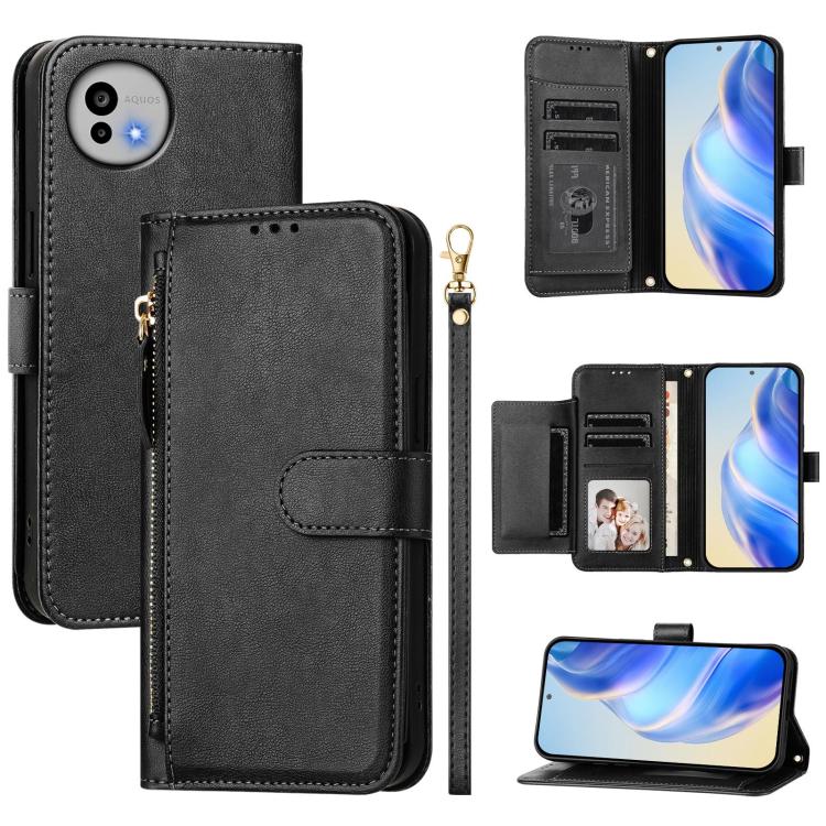 

For Sharp Aquos wish6 Multi-Card Slots Zipper Wallet Leather Phone Case(Black)