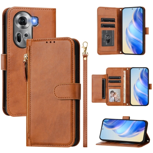 

For OPPO Reno11 5G Global Multi-Card Slots Zipper Wallet Leather Phone Case(Brown)