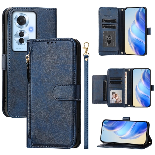 

For OPPO Reno11 F 5G Global Multi-Card Slots Zipper Wallet Leather Phone Case(Blue)