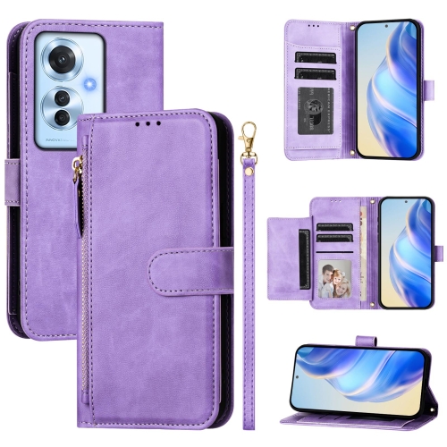 

For OPPO Reno11 F 5G Global Multi-Card Slots Zipper Wallet Leather Phone Case(Purple)