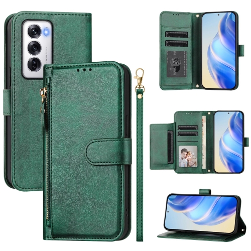 

For OPPO Reno12 5G Global Multi-Card Slots Zipper Wallet Leather Phone Case(Green)