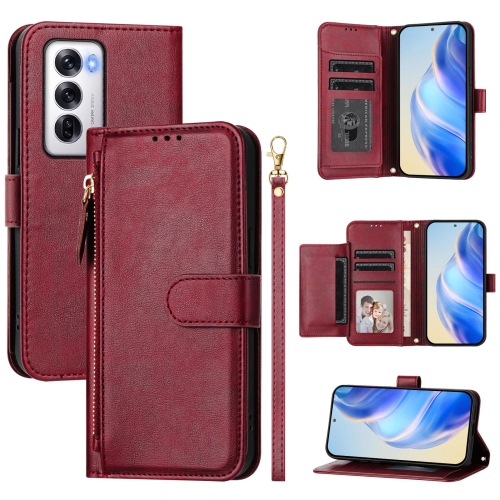 

For OPPO Reno12 5G Global Multi-Card Slots Zipper Wallet Leather Phone Case(Dark Red)