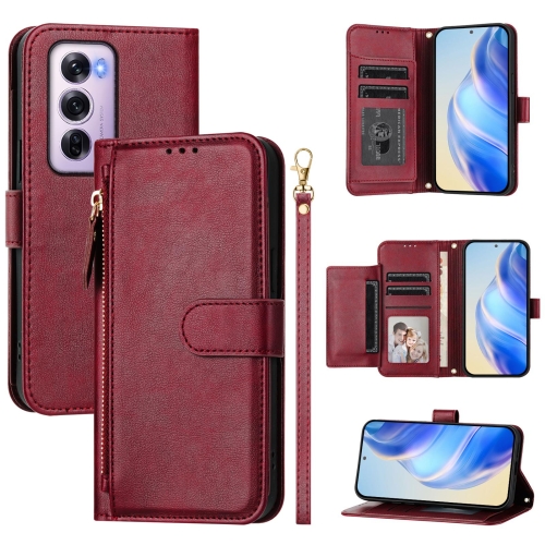 

For OPPO Reno12 Pro 5G Global Multi-Card Slots Zipper Wallet Leather Phone Case(Dark Red)