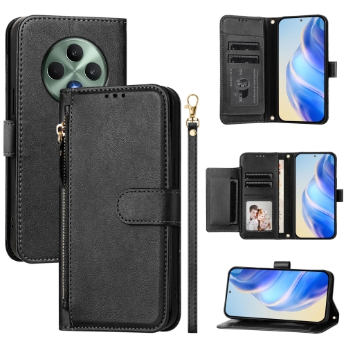 

For OPPO Reno12 F 4G Global Multi-Card Slots Zipper Wallet Leather Phone Case(Black)