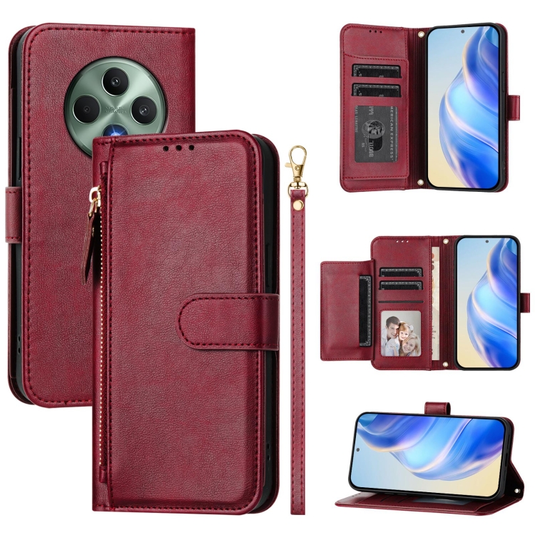 

For OPPO Reno12 F 4G Global Multi-Card Slots Zipper Wallet Leather Phone Case(Dark Red)