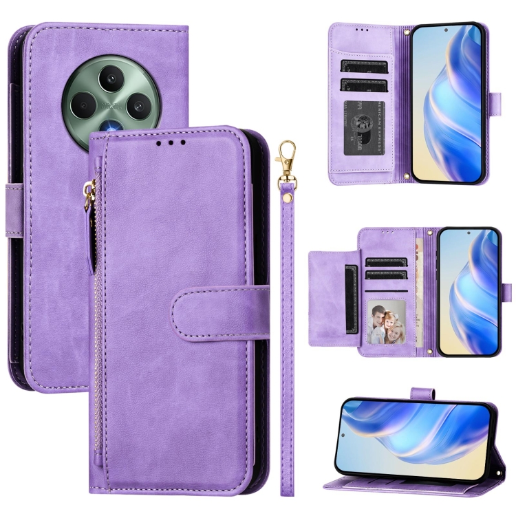 

For OPPO Reno12 F 4G Global Multi-Card Slots Zipper Wallet Leather Phone Case(Purple)