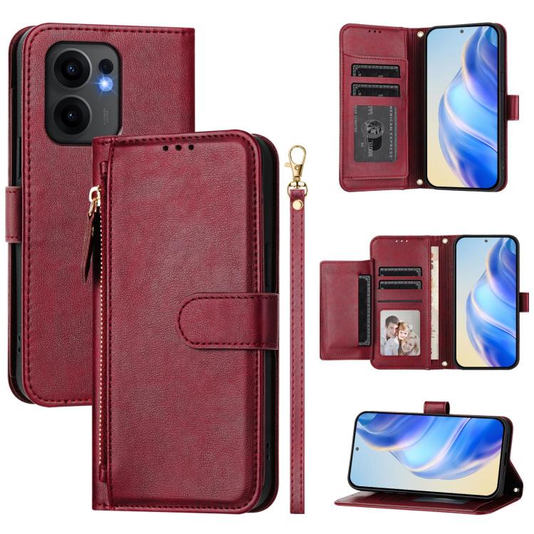 

For OPPO Reno13 F 5G Multi-Card Slots Zipper Wallet Leather Phone Case(Dark Red)
