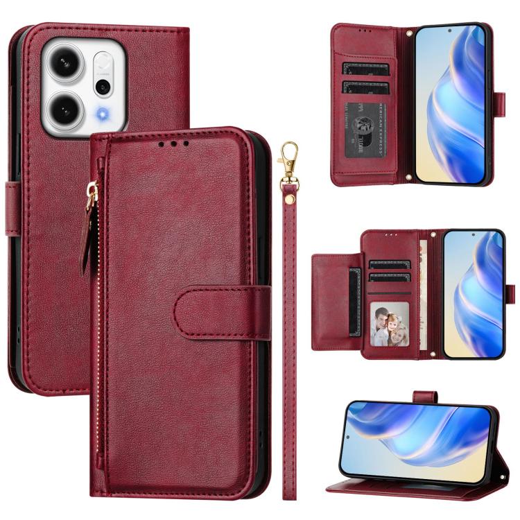

For OPPO Reno14 Global Multi-Card Slots Zipper Wallet Leather Phone Case(Dark Red)
