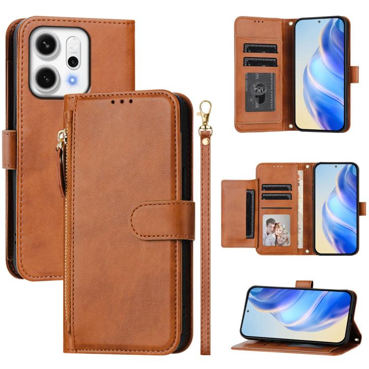 

For OPPO Reno14 Pro Global Multi-Card Slots Zipper Wallet Leather Phone Case(Brown)