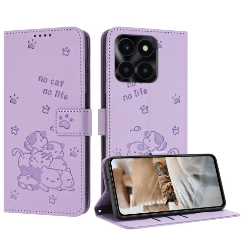 

For Honor X6a / X6b Embossed Kitten Phone Leather Case with Lanyard(Purple)