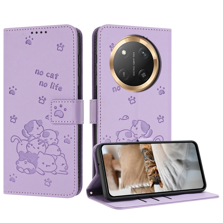 

For Honor X9c Embossed Kitten Phone Leather Case with Lanyard(Purple)