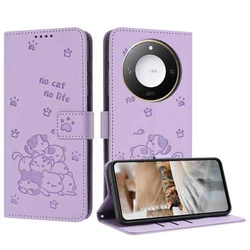 

For Honor X60 / X9c Smart Embossed Kitten Phone Leather Case with Lanyard(Purple)