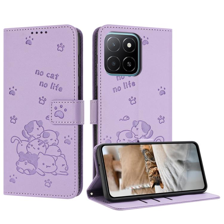 

For Honor X6c 4G Embossed Kitten Phone Leather Case with Lanyard(Purple)