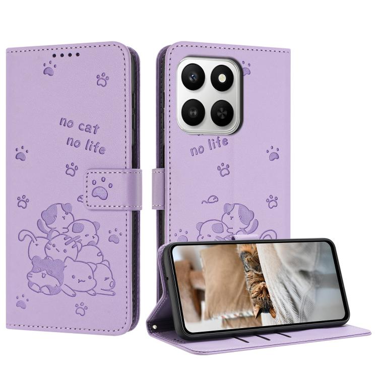 

For Honor 400 Smart 5G / X7d 5G Embossed Kitten Phone Leather Case with Lanyard(Purple)