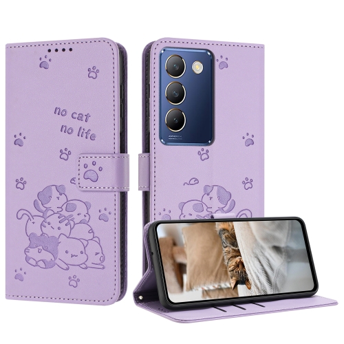 

For vivo Y100 IDN / Y200e 5G Global Embossed Kitten Phone Leather Case with Lanyard(Purple)