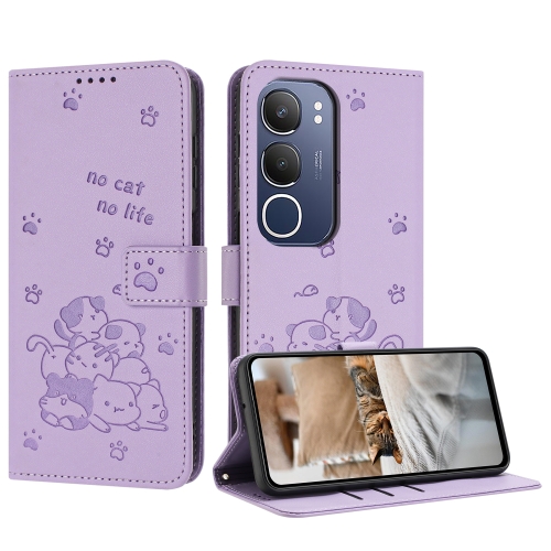 

For vivo Y19s Embossed Kitten Phone Leather Case with Lanyard(Purple)