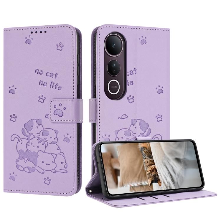 

For vivo V50 Lite Embossed Kitten Phone Leather Case with Lanyard(Purple)