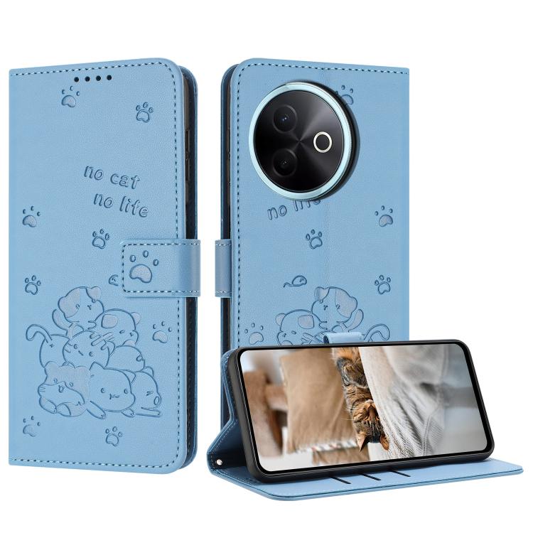 

For vivo Y39 5G Global Embossed Kitten Phone Leather Case with Lanyard(Blue)