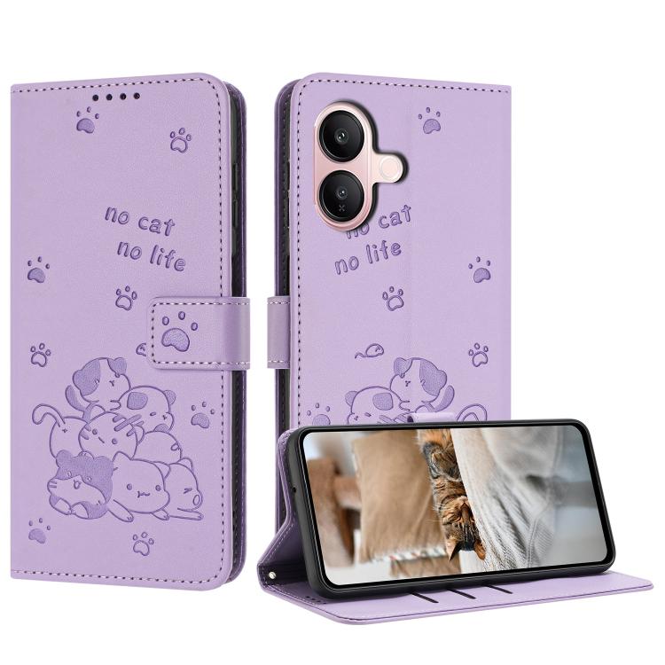 

For vivo V60 Lite 4G / 5G Embossed Kitten Phone Leather Case with Lanyard(Purple)