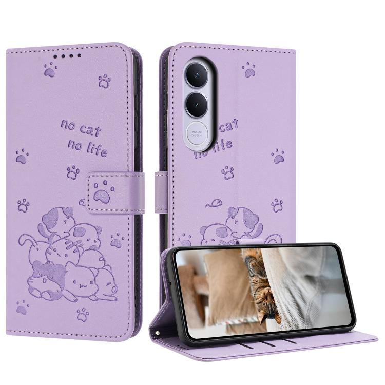 

For vivo V70 FE 5G Embossed Kitten Phone Leather Case with Lanyard(Purple)