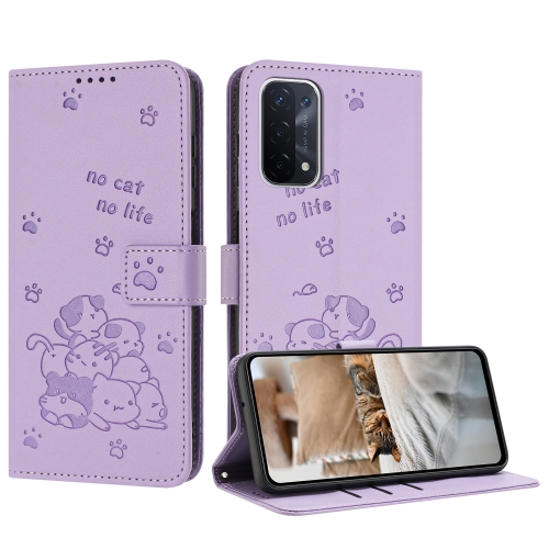 

For OnePlus Nord N200 5G Embossed Kitten Phone Leather Case with Lanyard(Purple)