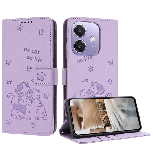 

For OPPO A3x 5G India / A3 4G Embossed Kitten Phone Leather Case with Lanyard(Purple)