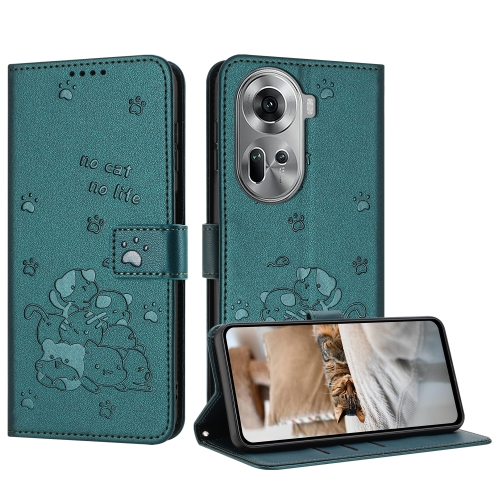 

For OPPO Reno11 5G Global Embossed Kitten Phone Leather Case with Lanyard(Dark Green)