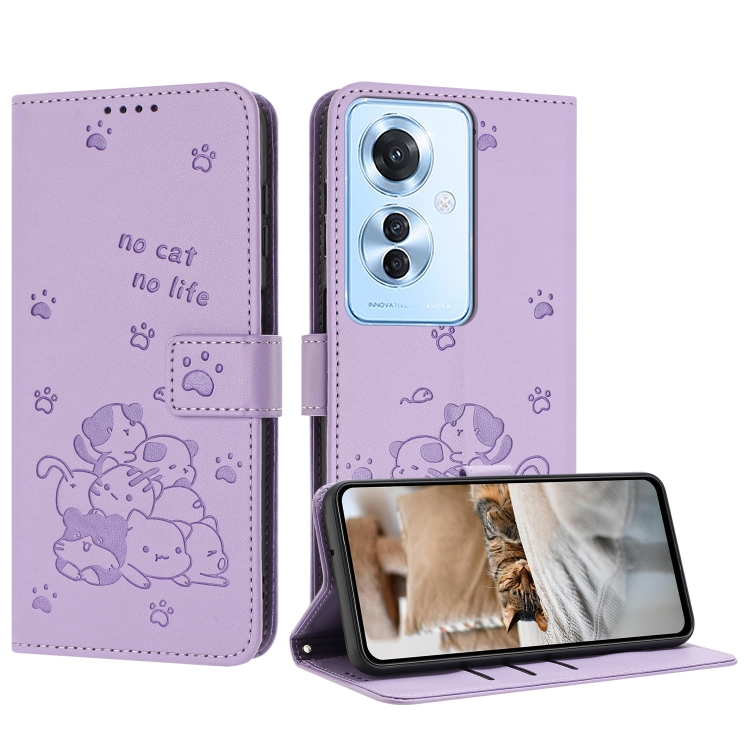 

For OPPO Reno11 F Global Embossed Kitten Phone Leather Case with Lanyard(Purple)