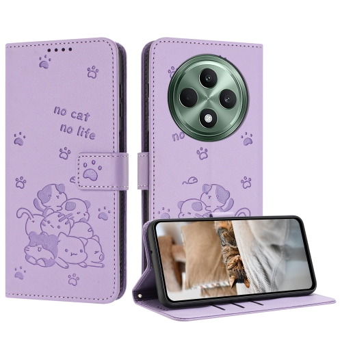 

For OPPO Reno12 F 5G Embossed Kitten Phone Leather Case with Lanyard(Purple)