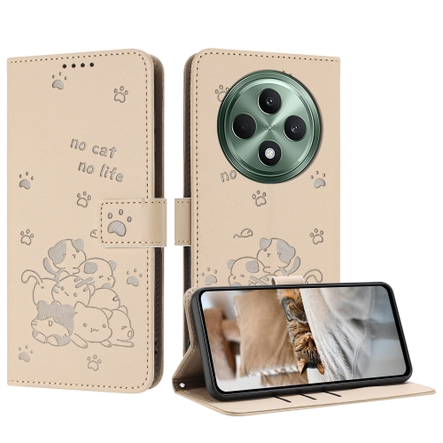 

For OPPO Reno12 F 5G Embossed Kitten Phone Leather Case with Lanyard(Beige)