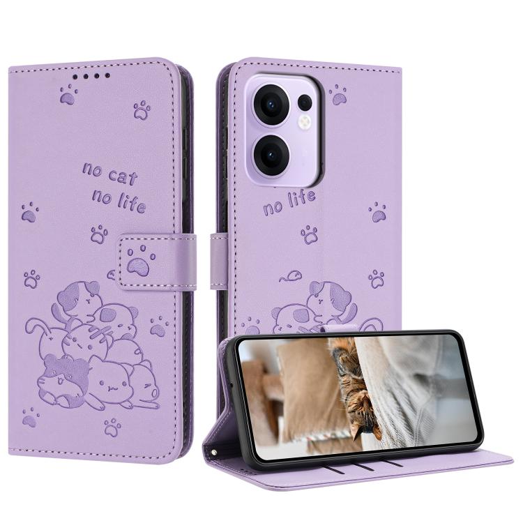 

For OPPO Reno13 F 5G / 4G Embossed Kitten Phone Leather Case with Lanyard(Purple)
