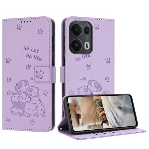 

For OPPO Reno13 Pro 5G Global Embossed Kitten Phone Leather Case with Lanyard(Purple)