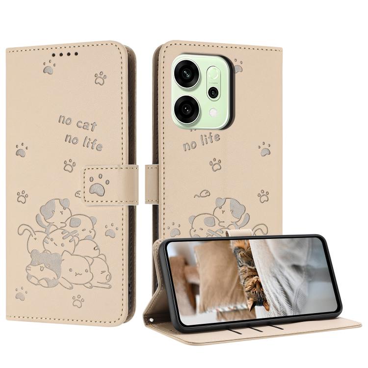 

For OPPO Reno14 Pro 5G Global Embossed Kitten Phone Leather Case with Lanyard(Beige)