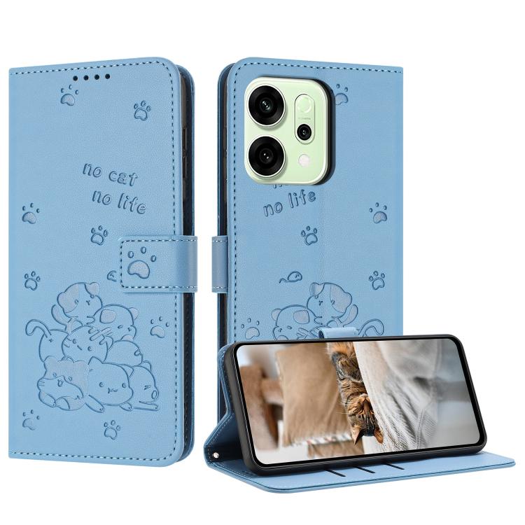 

For OPPO Reno14 Pro 5G Global Embossed Kitten Phone Leather Case with Lanyard(Blue)