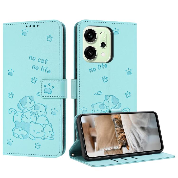 For OPPO Reno14 Pro 5G Global Embossed Kitten Phone Leather Case with Lanyard(Mint Green)