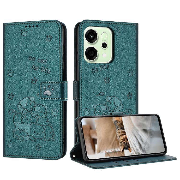 

For OPPO Reno14 Pro 5G Global Embossed Kitten Phone Leather Case with Lanyard(Dark Green)
