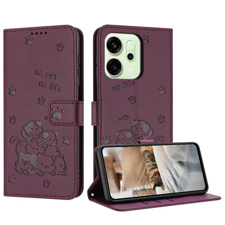 

For OPPO Reno14 Pro 5G Global Embossed Kitten Phone Leather Case with Lanyard(Wine Red)
