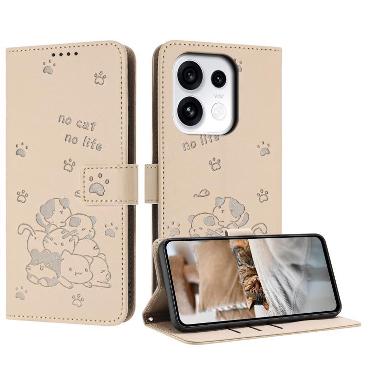 For OPPO Reno16 / Reno16 Pro 5G Global Embossed Kitten Phone Leather Case with Lanyard(Beige)