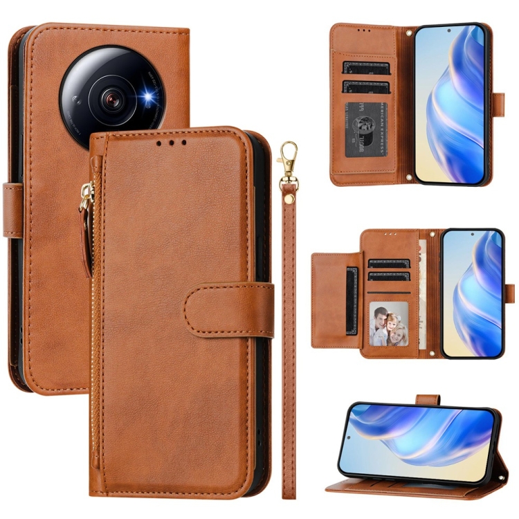 

For Xiaomi 12S Ultra Multi-Card Slots Zipper Wallet Leather Phone Case(Brown)