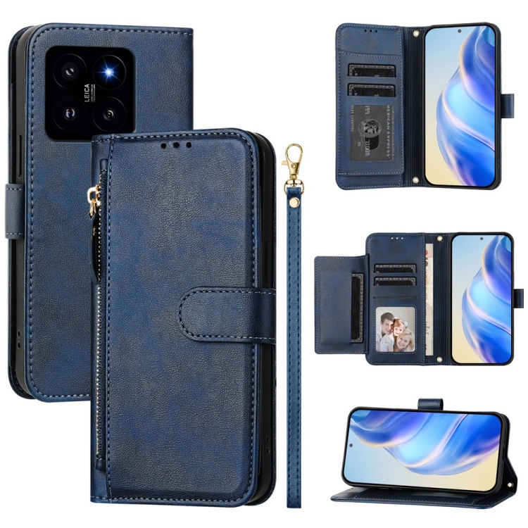 

For Xiaomi 14 Multi-Card Slots Zipper Wallet Leather Phone Case(Blue)
