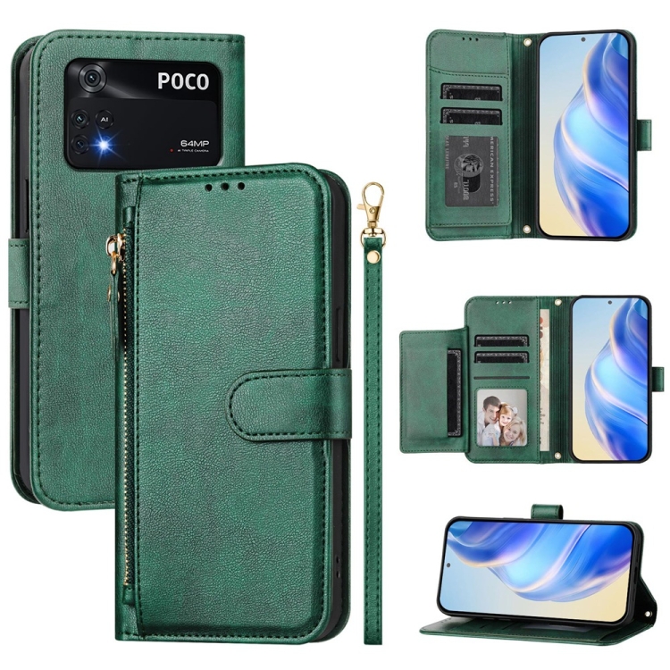 

For Xiaomi Poco M4 Pro 4G Multi-Card Slots Zipper Wallet Leather Phone Case(Green)